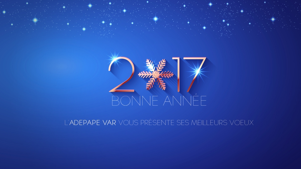 Carte « Bonne année 2017 — L’ADEPAPE Var vous présente ses meilleurs vœux » sur fond bleu étoilé.