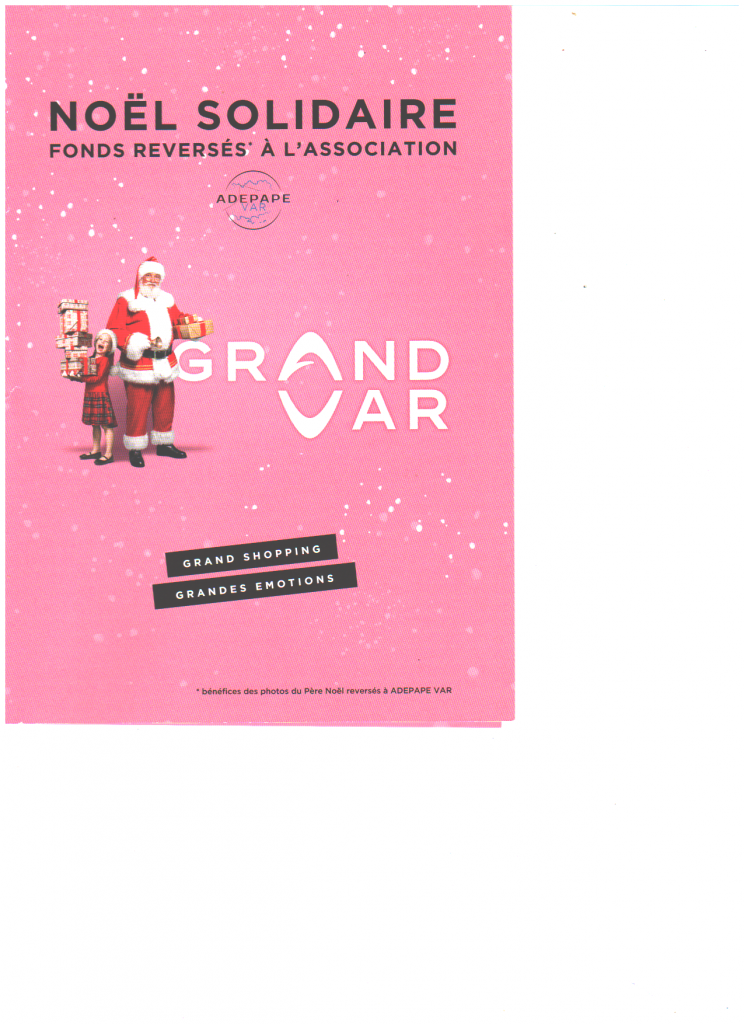 Affiche rose « Noël solidaire » de Grand Var, annonçant des fonds reversés à l’association.