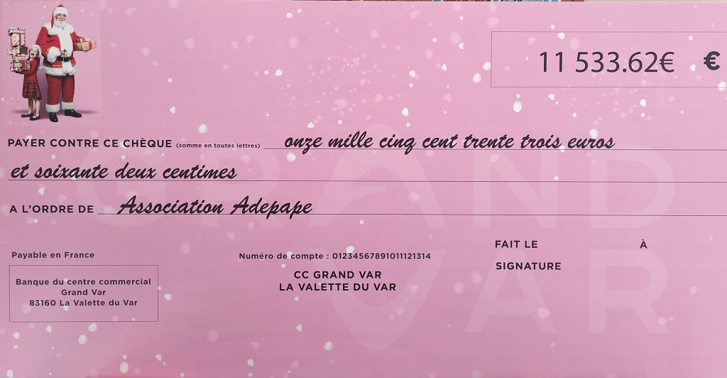 Chèque de 11 533,62 euros de Grand Var à l’ordre de l’association ADEPAPE.