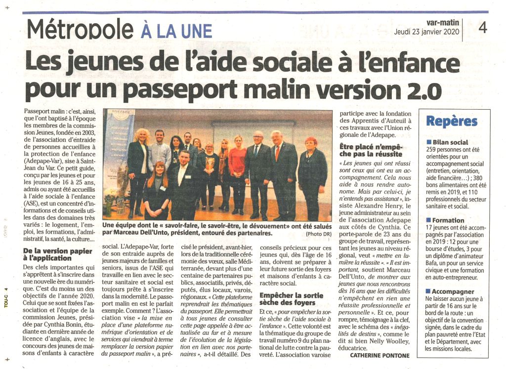 Coupure de Var-matin du 23 janvier 2020 : « Les jeunes de l’aide sociale à l’enfance pour un passeport malin version 2.0 ».