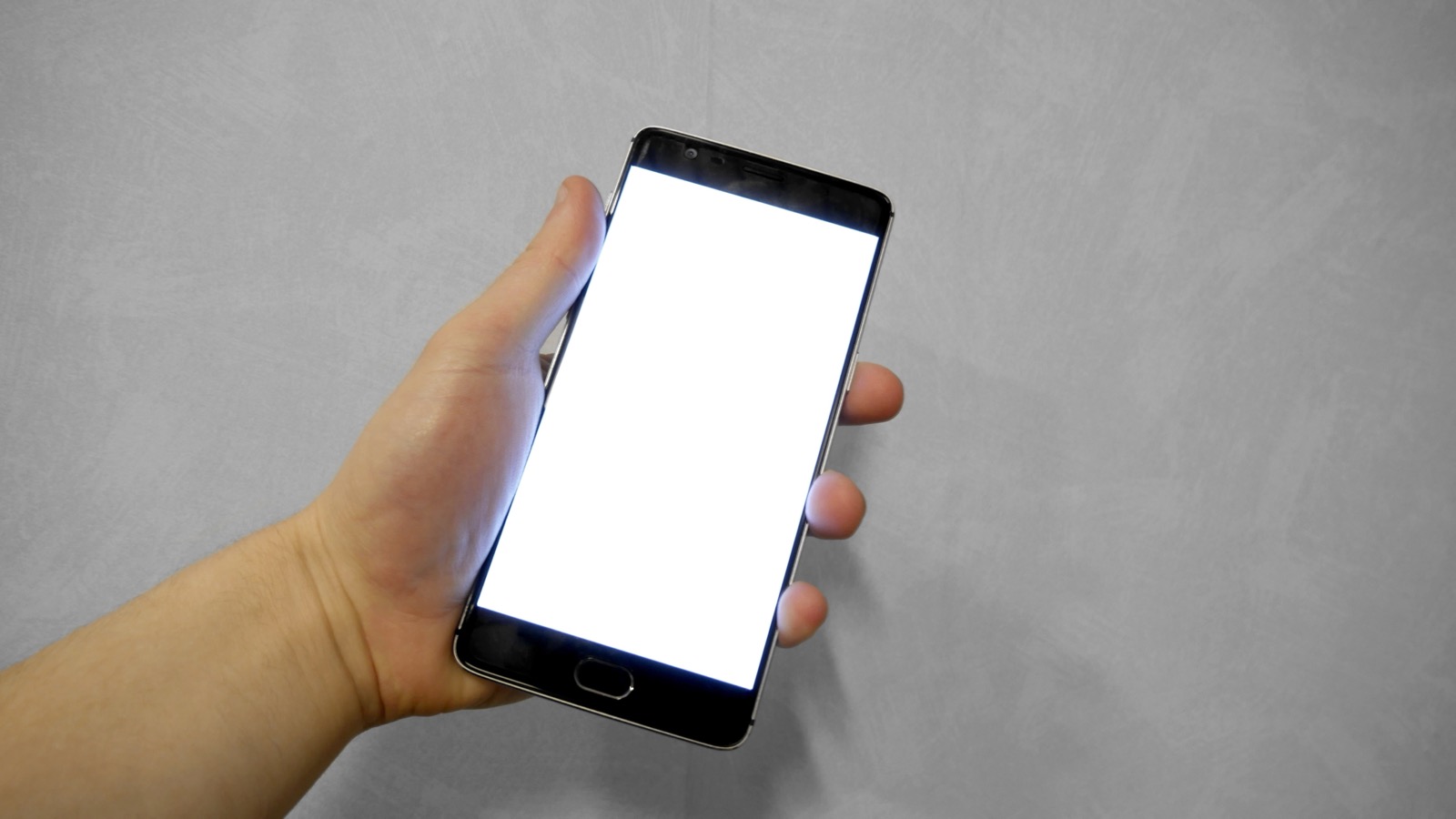 Une main tient un téléphone portable dont l’écran est blanc.