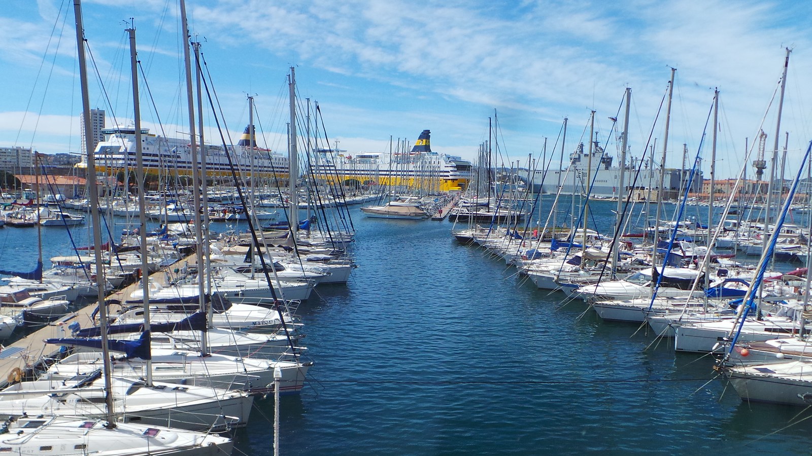 Vue du port de Toulon : voiliers du port de plaisance au premier plan et ferries jaunes au fond, sous un ciel ensoleillé.